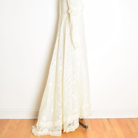 vintage 60s wedding dress cream crochet lace regency juliet gown puff sleeve S - Picture 7 of 11